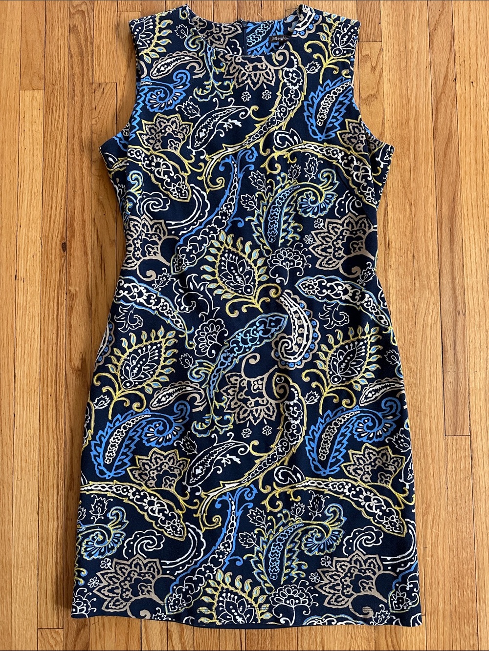 J. McLaughlin Navy Paisley Shift Dress with Embroidered Yellow Accents | M